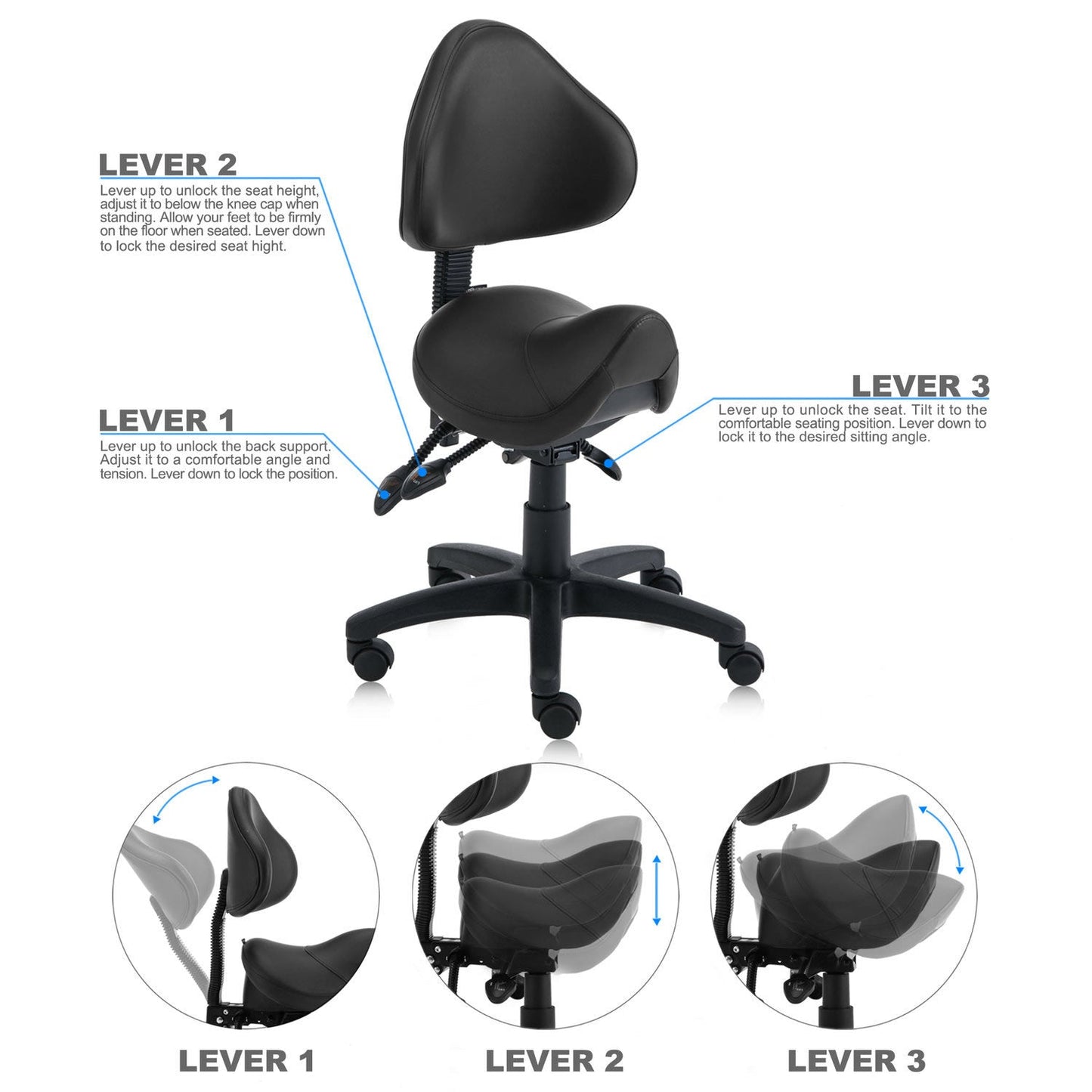 Saddle Shape Stool with Back Support and Tilt-able seat
