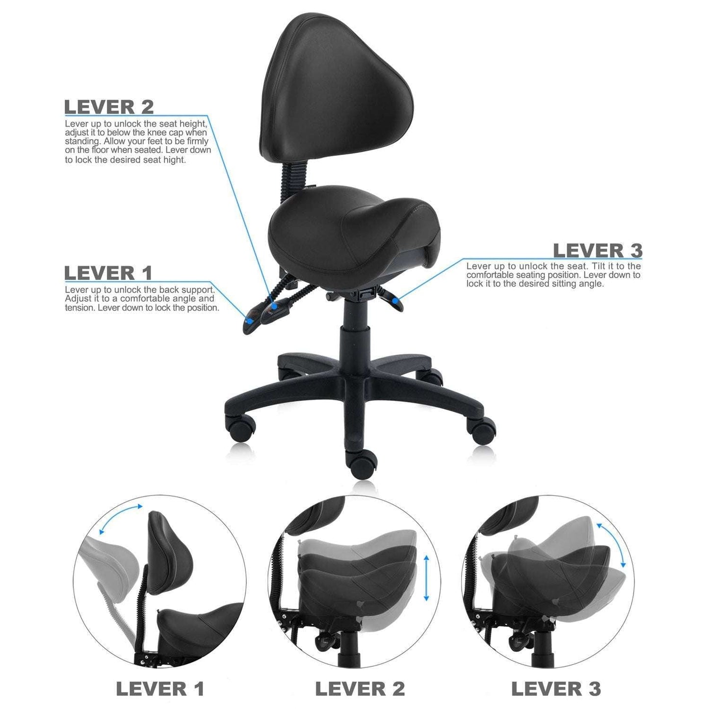 Small Saddle Shape Stool with Adjustable Back Support